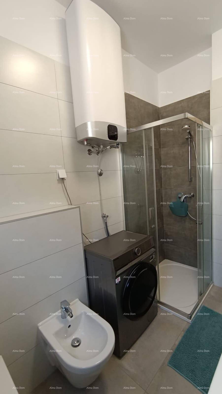 Helles Badezimmer mit Duschkabine, Bidet und Waschmaschine.
