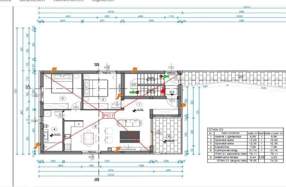 Grundrissplan einer Wohnung mit offenem Layout, mehreren Zimmern und Zugang zu einer Terrasse.
