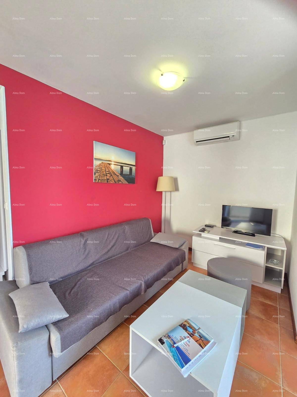 Gemütliches Wohnzimmer mit roter Akzentwand, Sofa, Fernseher und Klimaanlage.