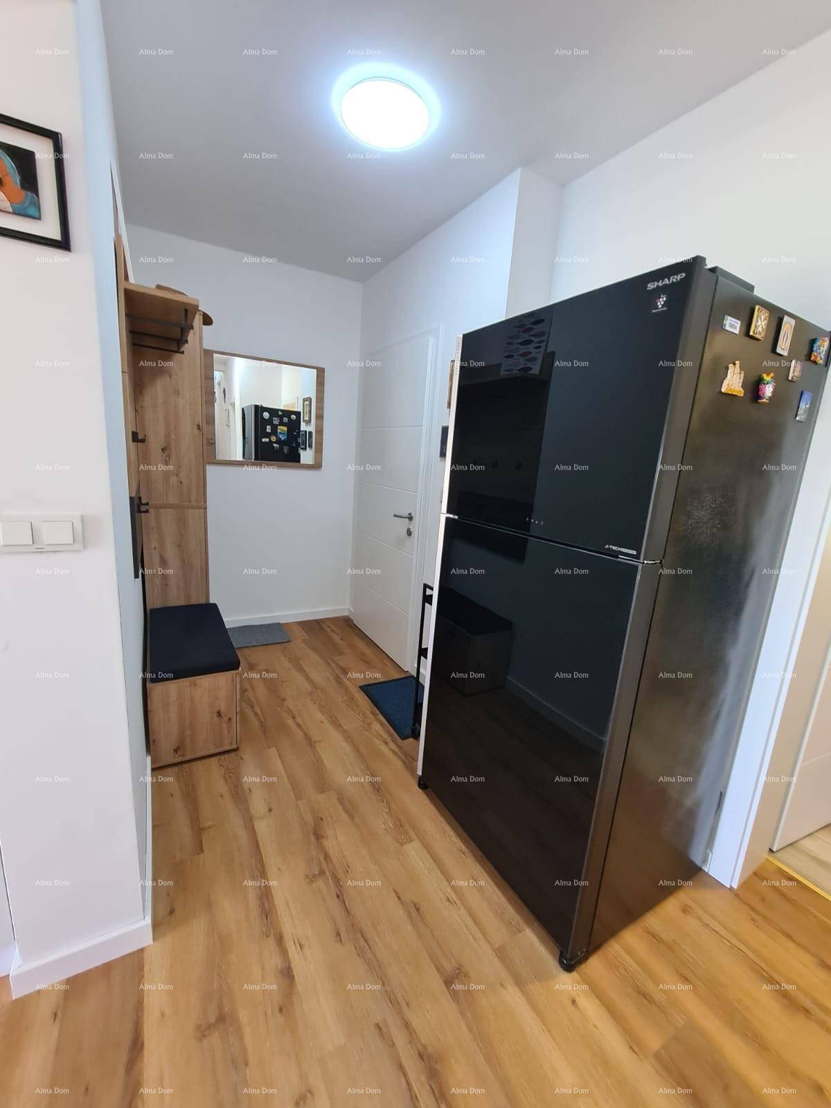 Heller Eingangsbereich mit schwarzem Kühlschrank, Garderobe und Spiegel, auf hellem Holzboden.