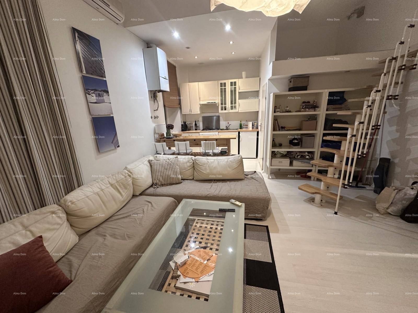 Gemütliches Wohnzimmer mit Sofa, Couchtisch und offener Verbindung zu einer kleinen Küche.