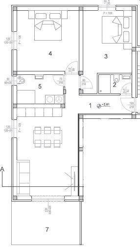 Grundriss einer Wohnung mit offenem Wohnbereich, zwei Schlafzimmern und einer Terrasse.