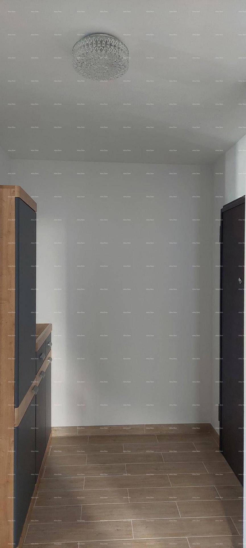 Heller Flur mit Holzoptik-Boden und modernem Schrank im Eingangsbereich.