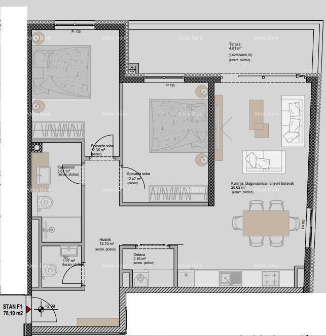 Grundriss einer Wohnung mit zwei Schlafzimmern, offenem Wohnbereich und Terrasse.