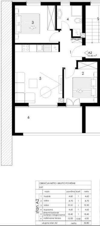 Grundrissplan einer Wohnung mit zwei Schlafzimmern, offenem Wohnbereich und Terrasse.