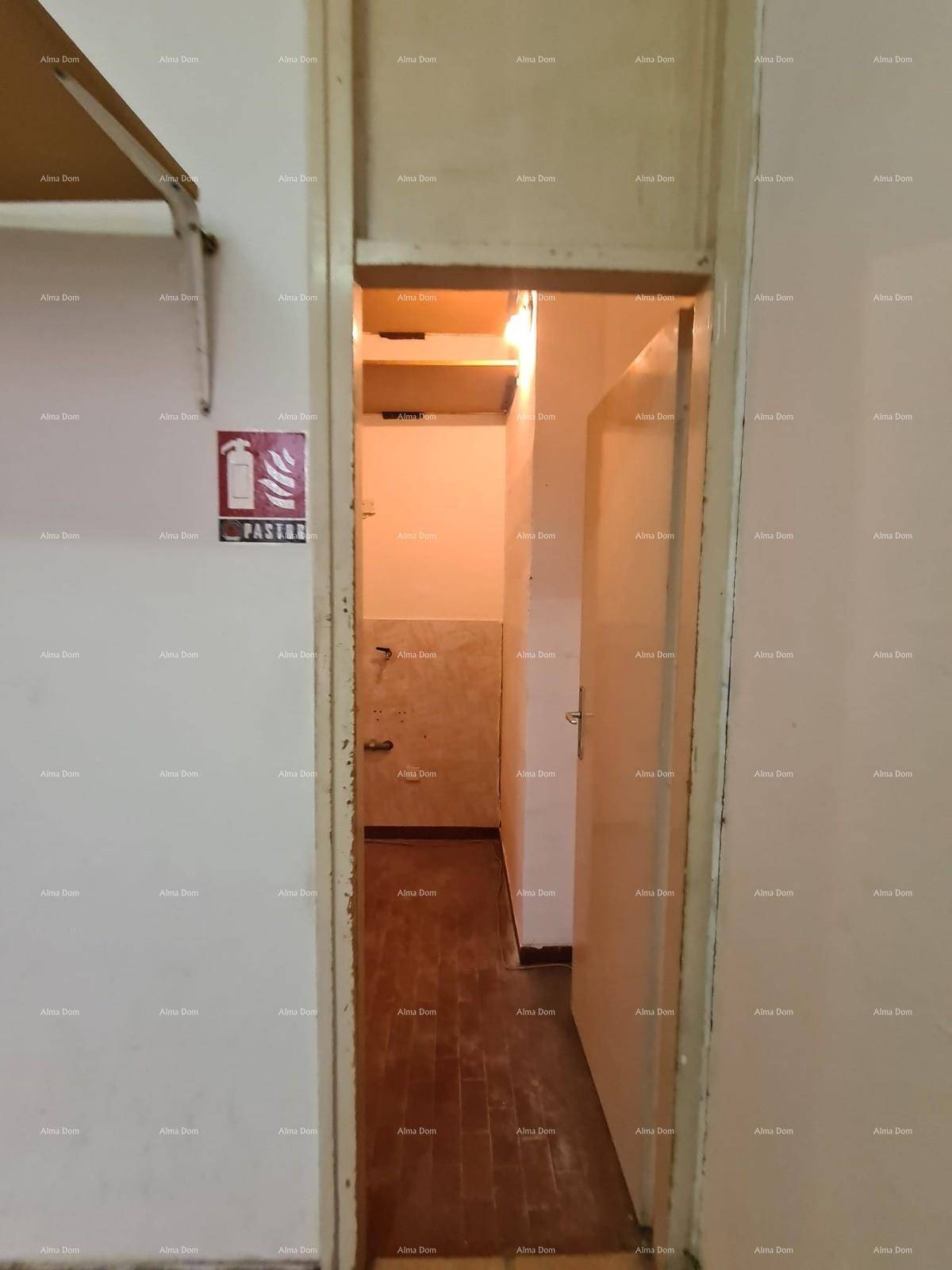 Schmaler Flur mit Holzboden, der zu einem weiteren Raum führt, mit einem Feuerlöscher an der Wand.