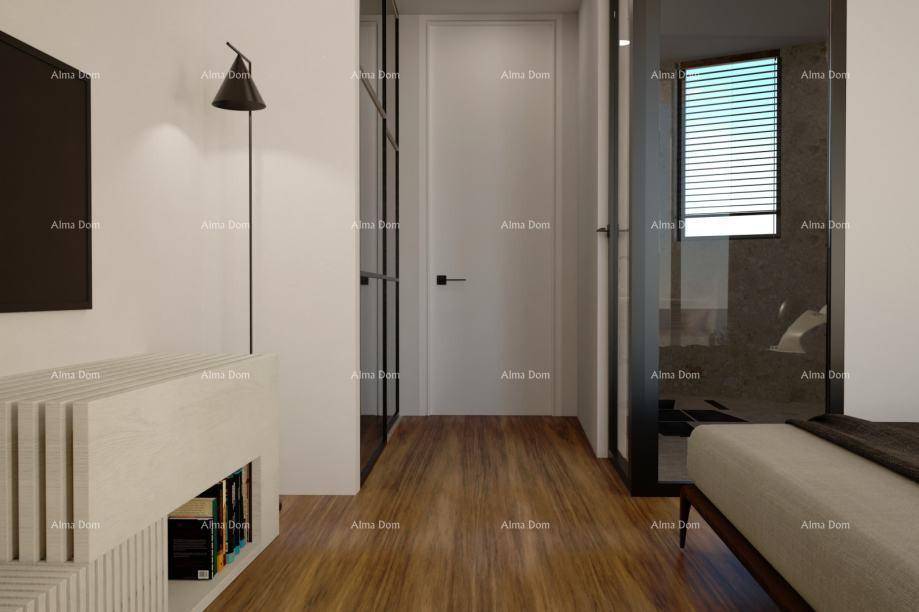 Schlafzimmer mit Holzboden, integriertem Bad und modernem Design, mit viel natürlichem Licht.