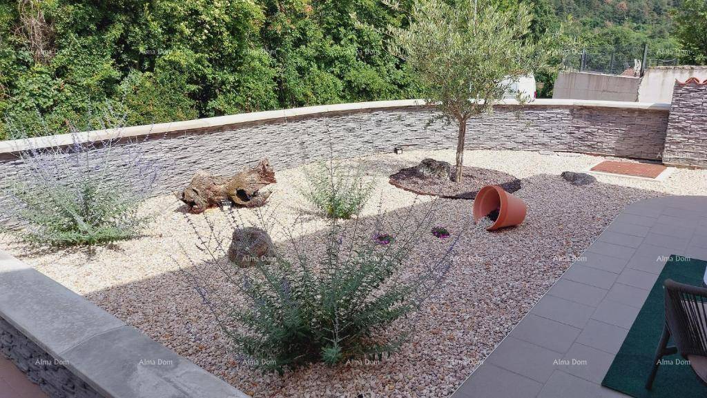 Gestalteter Gartenbereich mit Kies, kleinen Pflanzen und einem Olivenbaum, umgeben von einer Steinmauer.