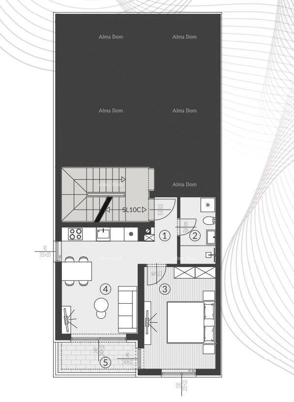Grundriss einer Wohnung mit Schlafzimmer, Wohnbereich und überdachter Terrasse.