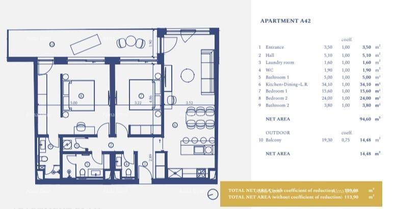 Grundriss der Wohnung A42 mit zwei Schlafzimmern, Wohn-Essbereich und Balkon.