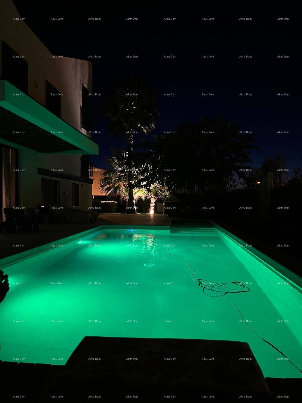 Beleuchteter Poolbereich bei Nacht mit grüner Unterwasserbeleuchtung und Palmen.
