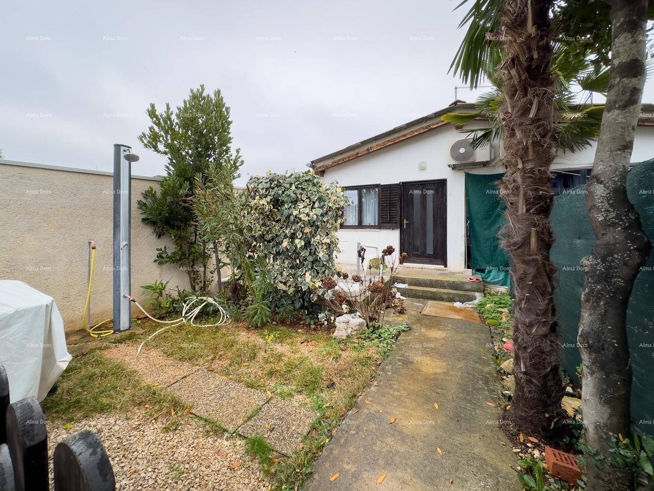 Gartenbereich mit einem gepflasterten Weg, Außendusche und dem Eingang zum Haus.