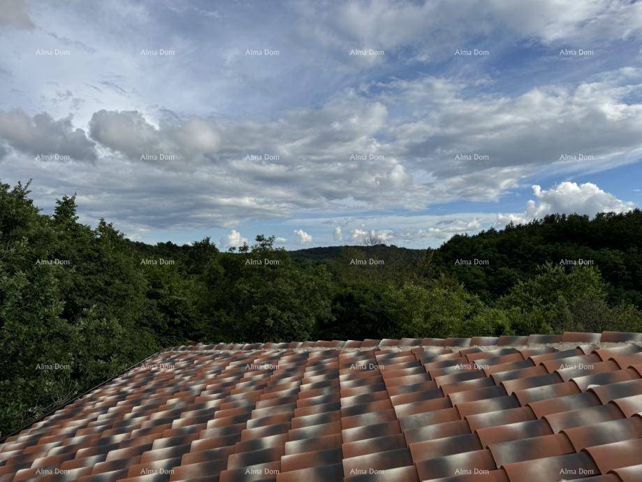 Ziegeldach mit weitem Blick über bewaldete Hügel und den Himmel mit Wolken.