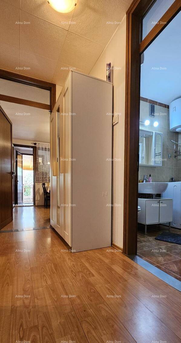 Flur mit Einbauschrank und Zugang zu einem Badezimmer.