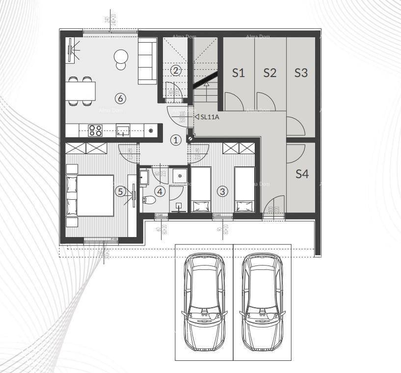 Grundriss einer Wohnung mit offenem Wohnbereich, Schlafzimmern und integrierter Garage für zwei Autos.