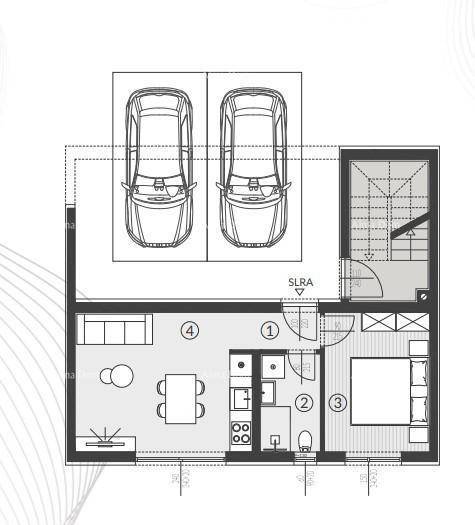 Grundriss einer Wohneinheit mit offenem Wohnbereich, Schlafzimmer, Bad und zwei Parkplätzen.