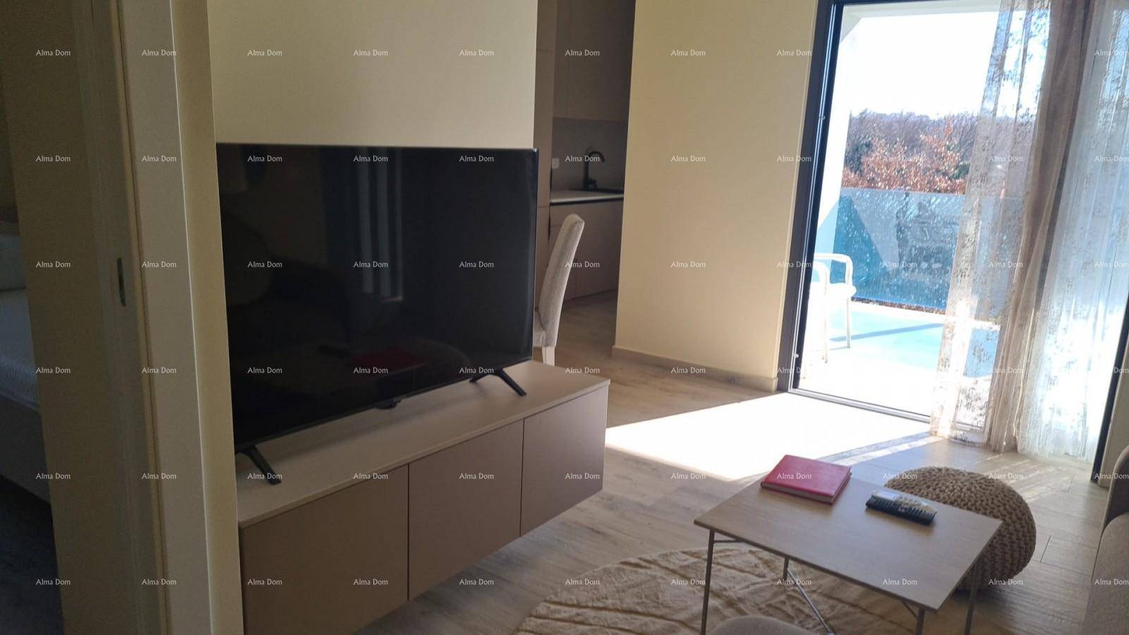 Gemütliches Wohnzimmer mit Fernseher, Holzboden und Zugang zu einem sonnigen Außenbereich.
