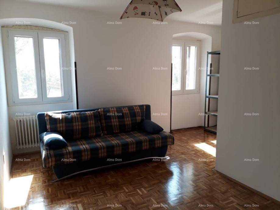 Helles Wohnzimmer mit kariertem Sofa, Parkettboden und zwei Fenstern.