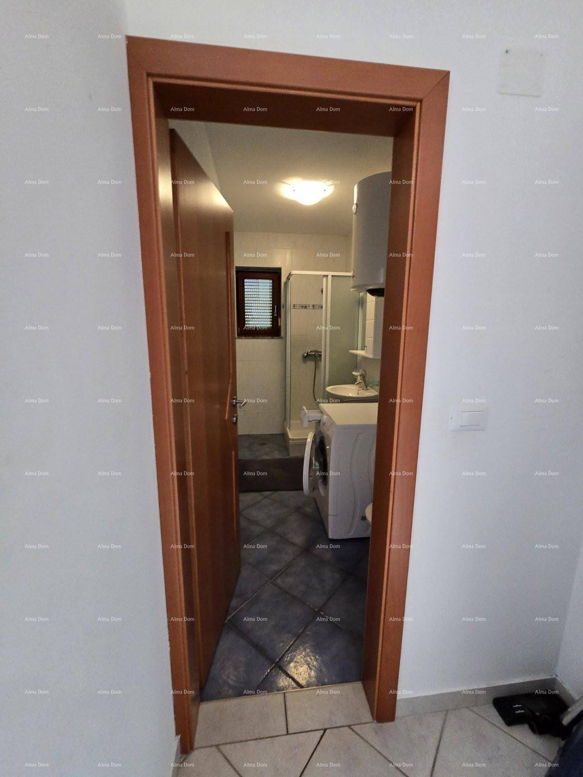 Blick durch die Tür in das Badezimmer mit Waschmaschine, Dusche und Warmwasserboiler.