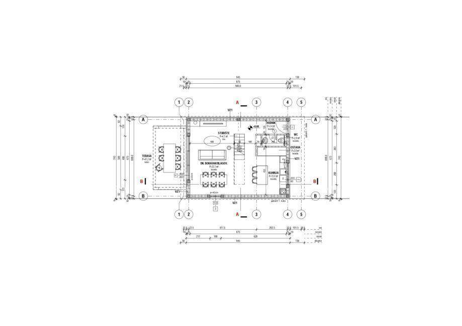 Grundriss des Erdgeschosses mit offener Küche, Wohn-Essbereich, Schlafzimmer und Terrasse.