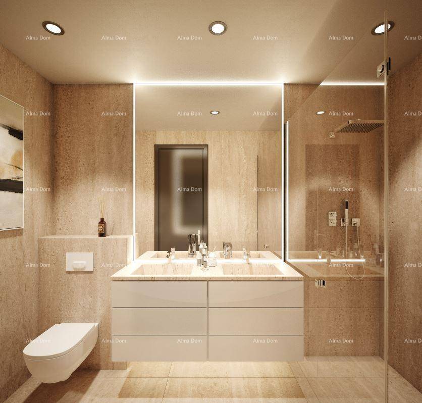 Elegantes Badezimmer mit Doppelwaschbecken, begehbarer Dusche und Wand-WC.