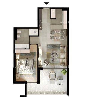 Grundriss einer Wohnung mit einem Schlafzimmer, offenem Wohnbereich und Terrasse.