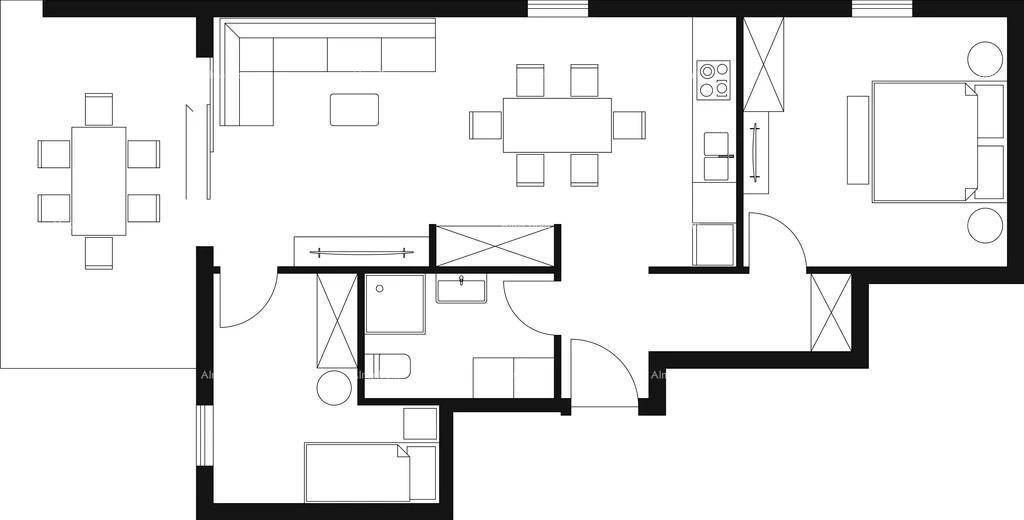 Detaillierter Grundriss einer Wohnung mit offenem Wohnbereich, Esszimmer und Schlafzimmern.