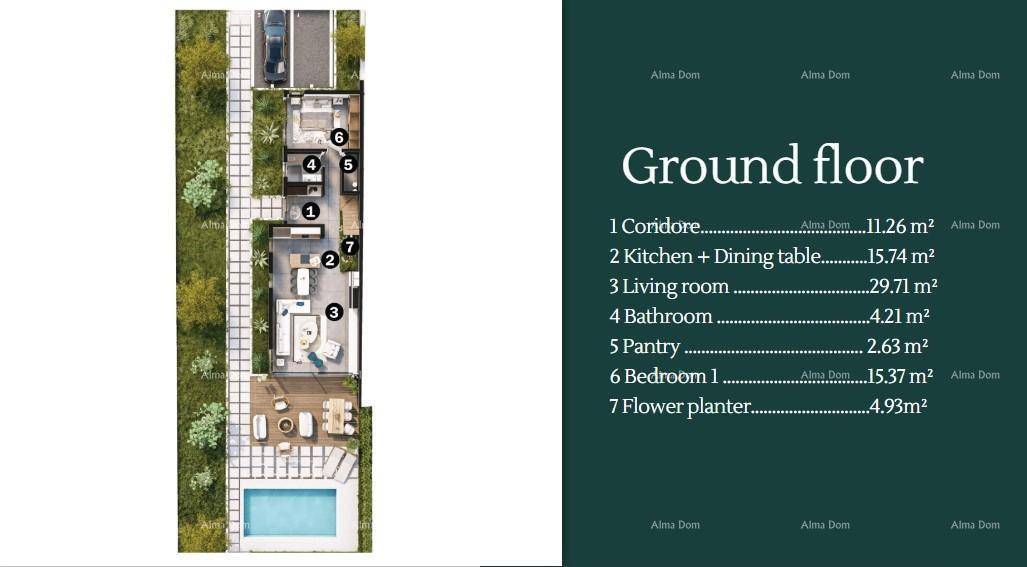 Grundriss des Erdgeschosses mit Küche, Essbereich, Wohnzimmer und Schlafzimmer.