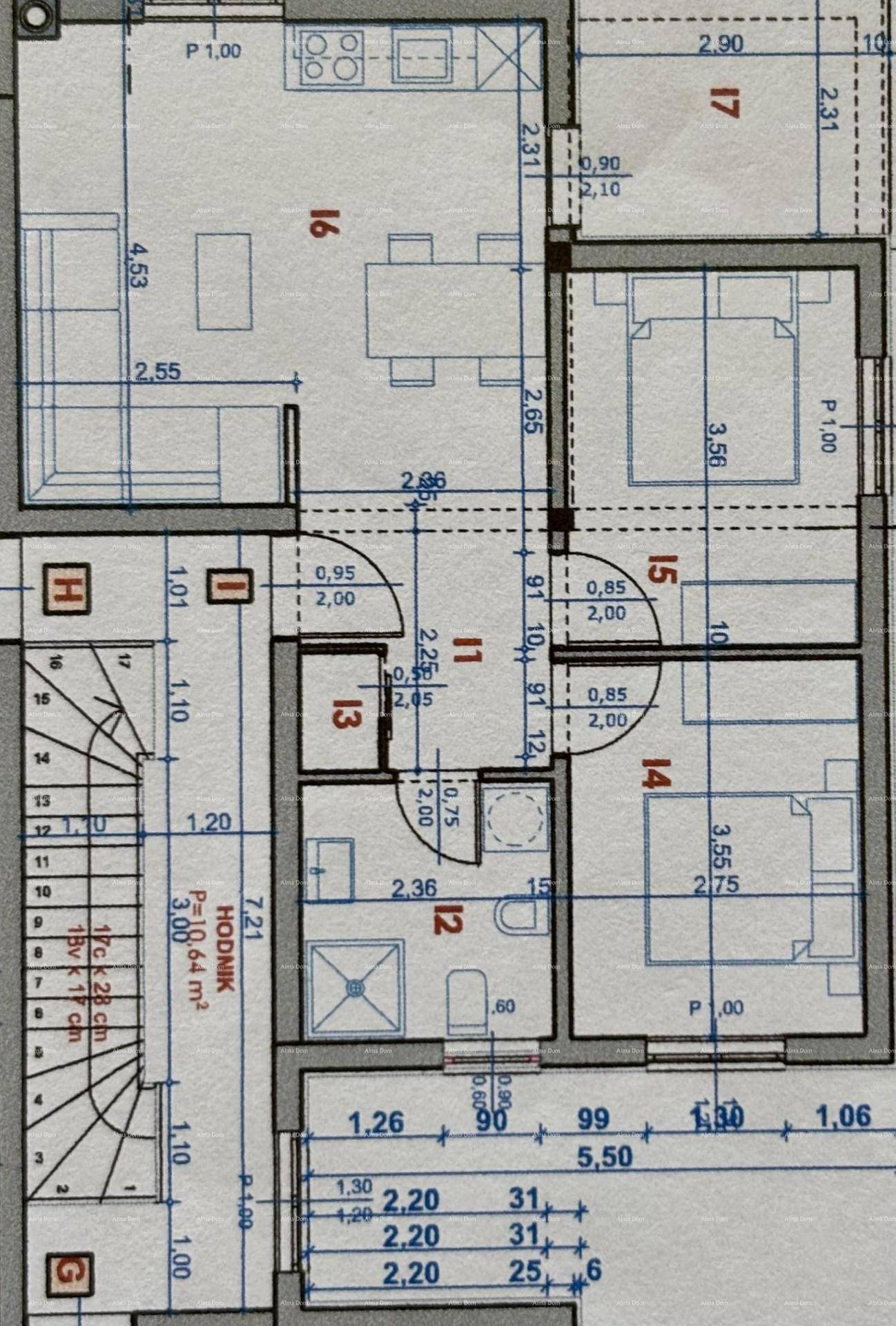 Detaillierter Grundriss einer Wohnung mit offenem Wohnbereich, Schlafzimmern und Terrasse.