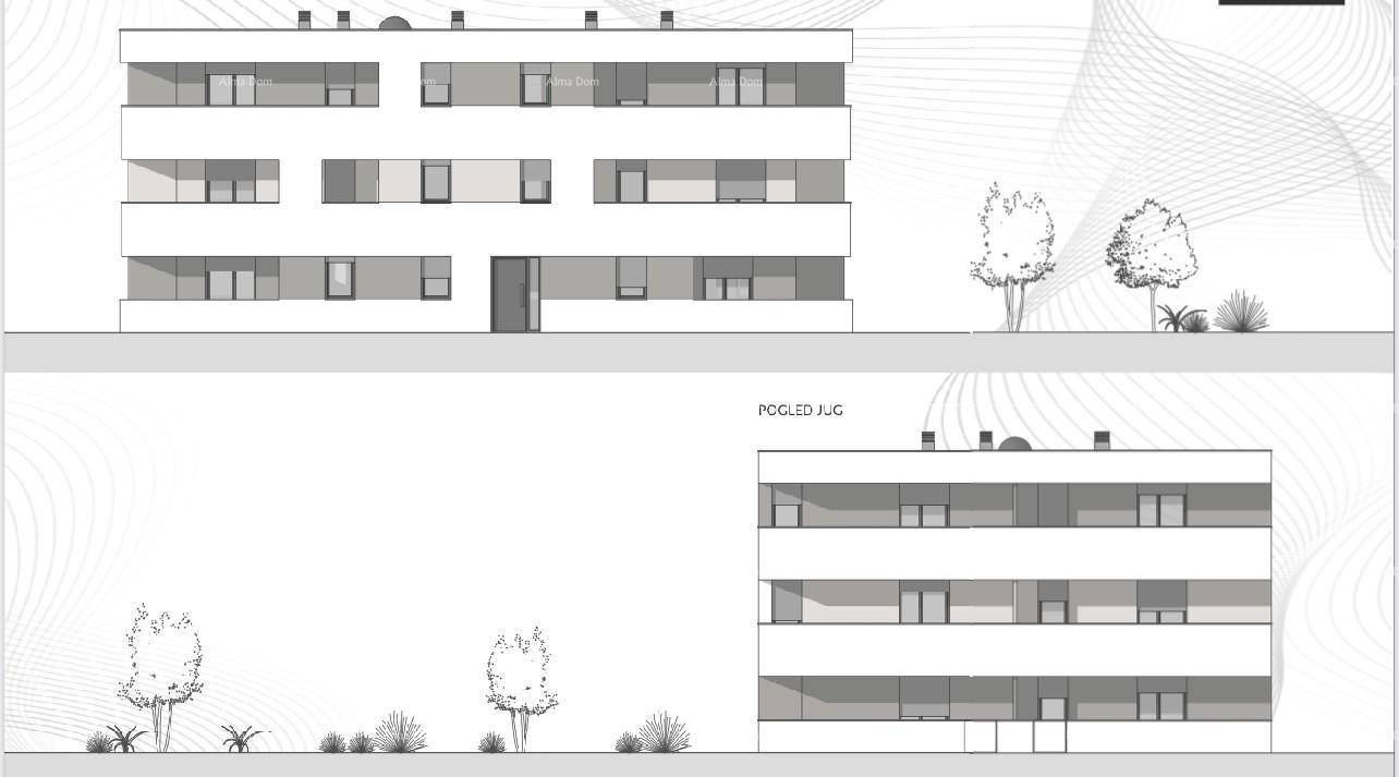 Architektonische Ansicht der Südseite des Gebäudes mit Balkonen und Fenstern.