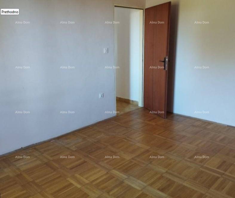 Leeres Zimmer mit hellem Parkettboden und Holztür, bereit zur individuellen Gestaltung.