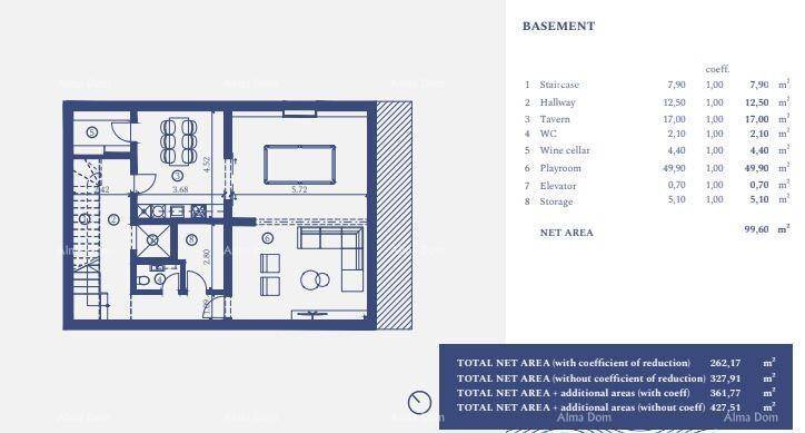 Grundriss des Untergeschosses mit Weinkeller, Spielzimmer und Abstellraum.