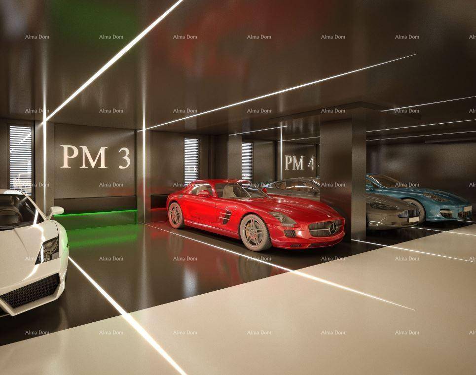 Moderne Tiefgarage mit mehreren Stellplätzen und luxuriösen Fahrzeugen.