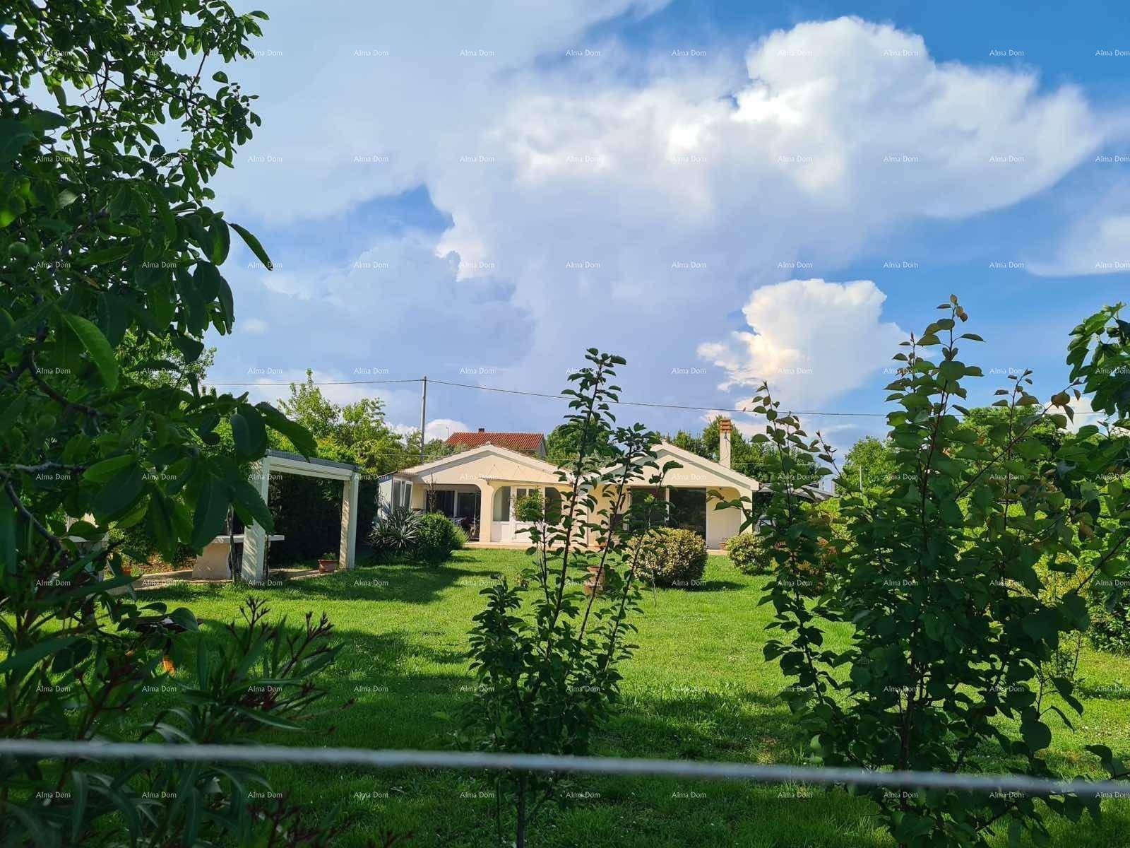 Gesamtansicht des Hauses mit großem Garten unter einem bewölkten Himmel und viel Grün.