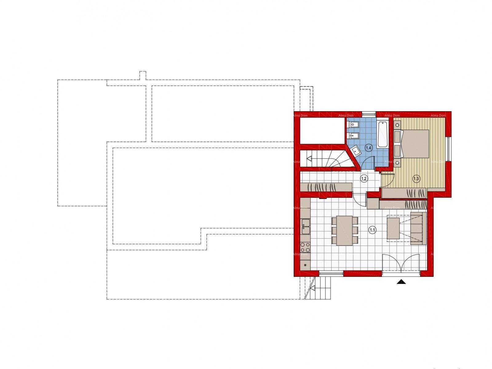 Grundriss des Erdgeschosses mit Küche, Essbereich, Bad und Schlafzimmer.