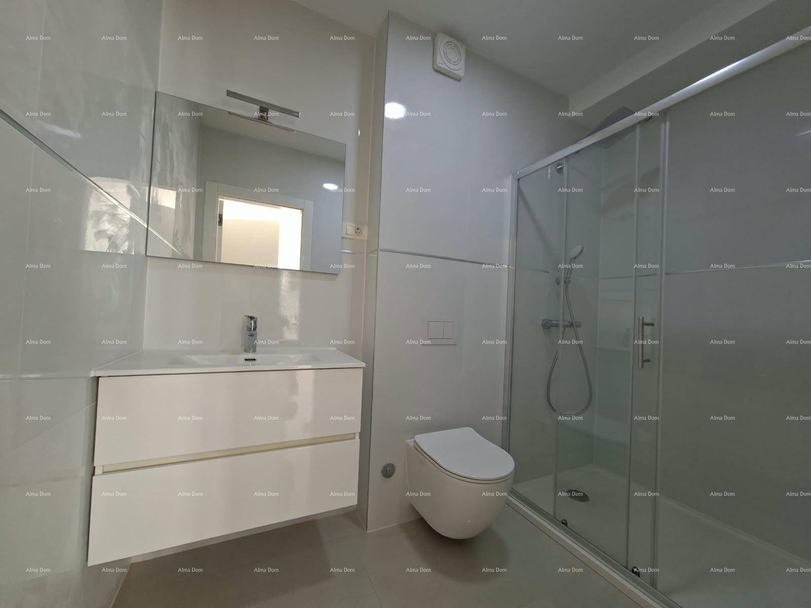 Modernes Badezimmer mit Duschkabine, wandhängendem WC und elegantem Einzelwaschbecken.