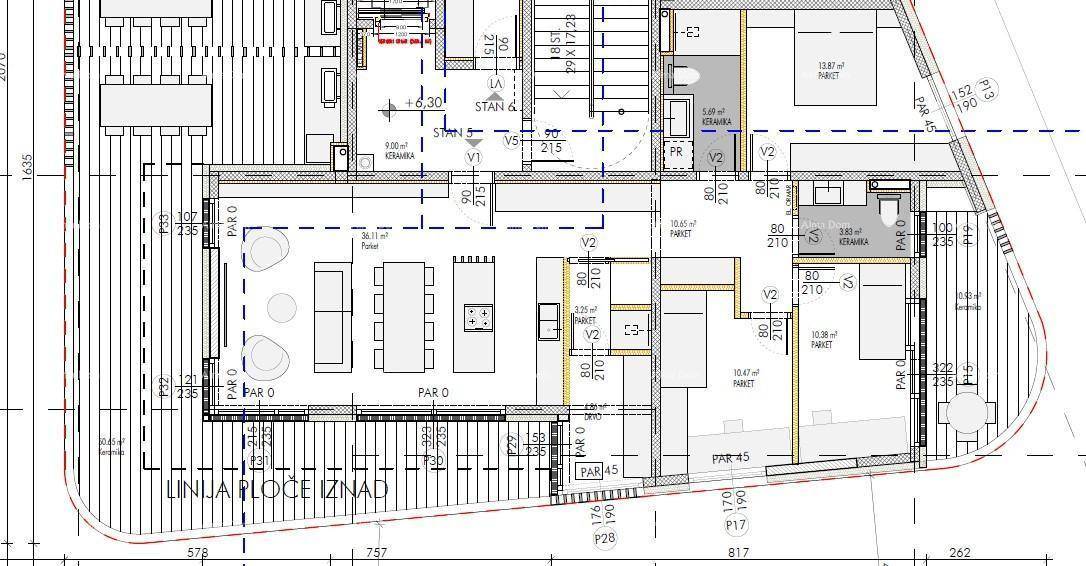 Detaillierter Grundriss einer Wohnung mit offenem Wohnbereich, Schlafzimmern, Sauna und großer Terrasse.