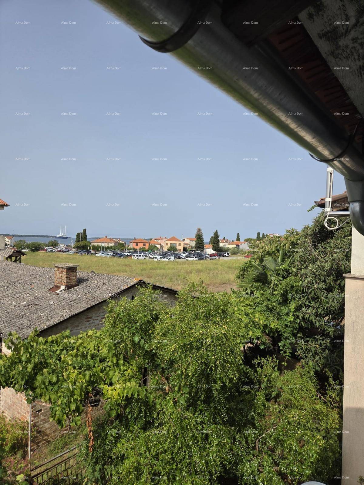 Weitblick vom Balkon über grüne Bäume, Parkplatz und das Meer in der Ferne.