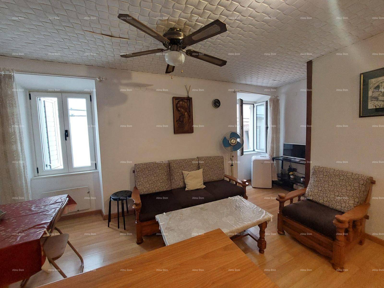 Gemütlicher Wohnbereich mit Holzmöbeln, Deckenventilator und hellem Parkettboden.