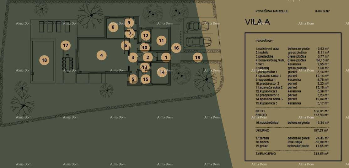 Grundriss der Villa A mit nummerierten Räumen und Flächenangaben in Quadratmetern.