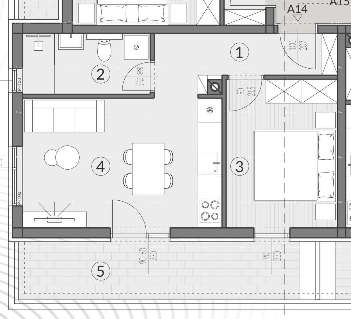 Grundriss der Wohnung A14 mit offenem Wohnbereich, Schlafzimmer, Bad und Terrasse.