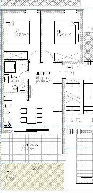 Grundriss einer Wohnung mit zwei Schlafzimmern, offener Küche und Terrasse.