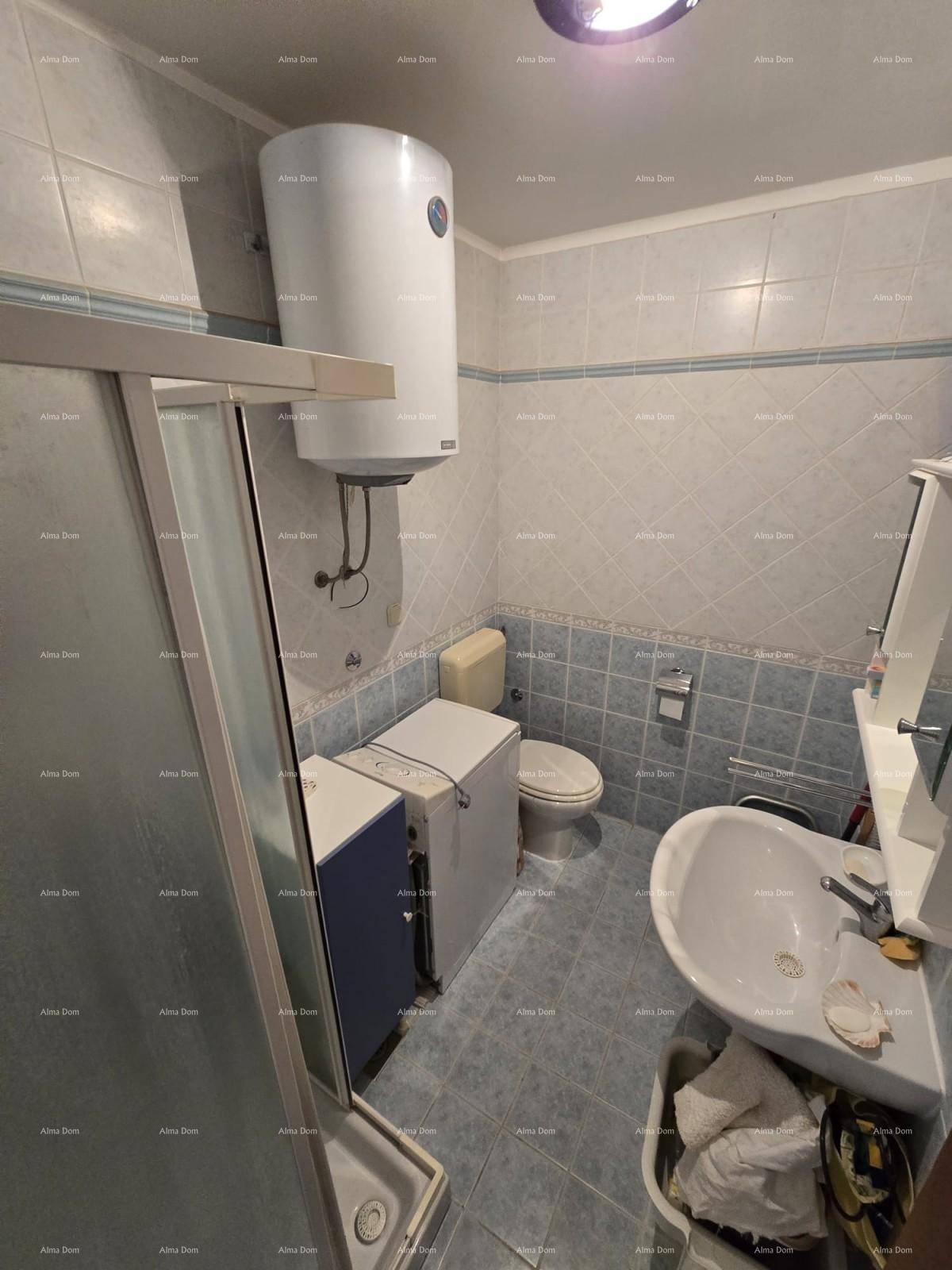 Badezimmer mit blauen und weißen Fliesen, Duschkabine, Toilette und Waschmaschine.