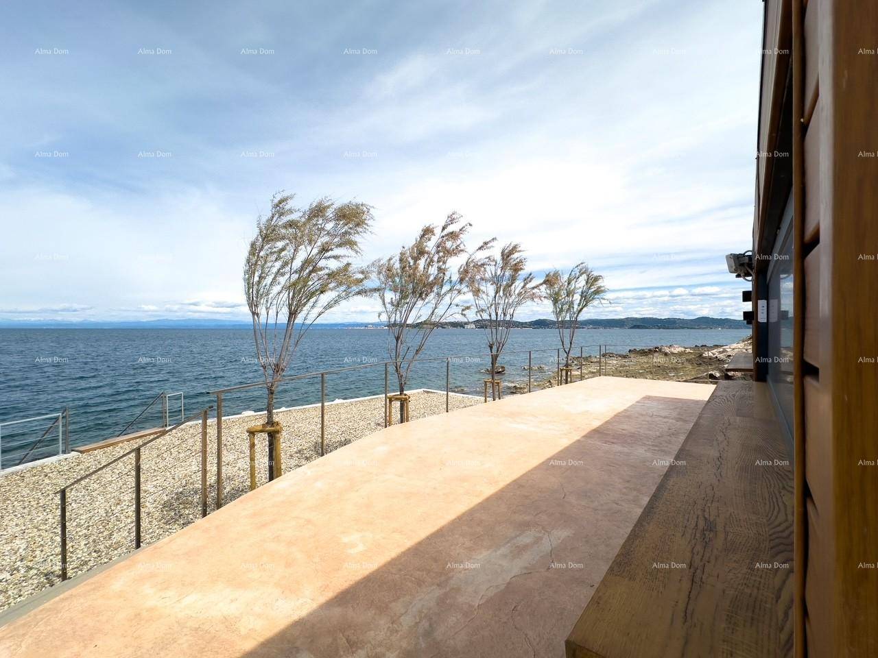 Breite, gepflasterte Terrasse am Meer mit jungen Bäumen und weitem Blick auf die Küste.
