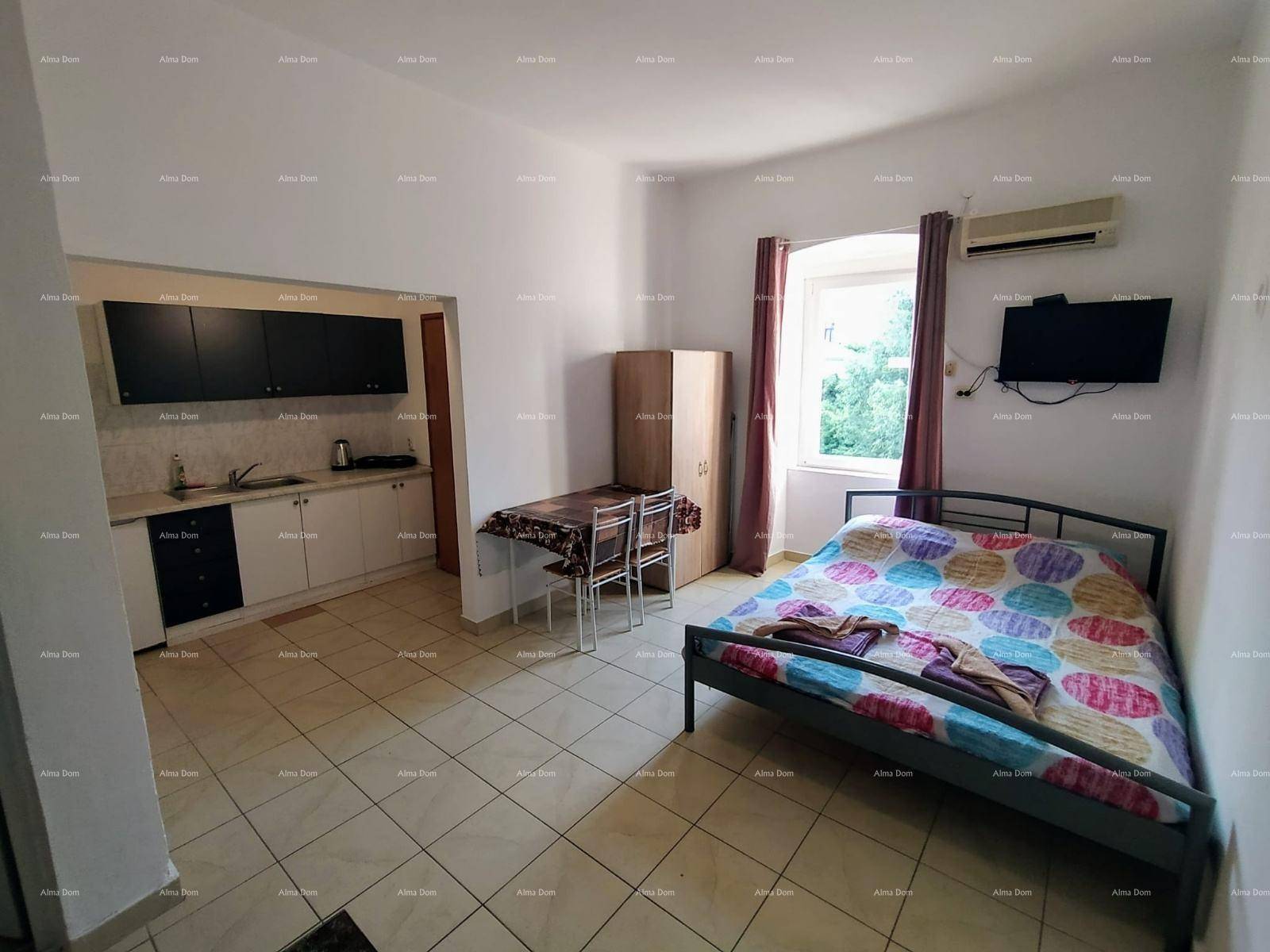 Studio-Apartment mit Schlafbereich, Esstisch und integrierter Küchenzeile, hell und funktional eingerichtet.