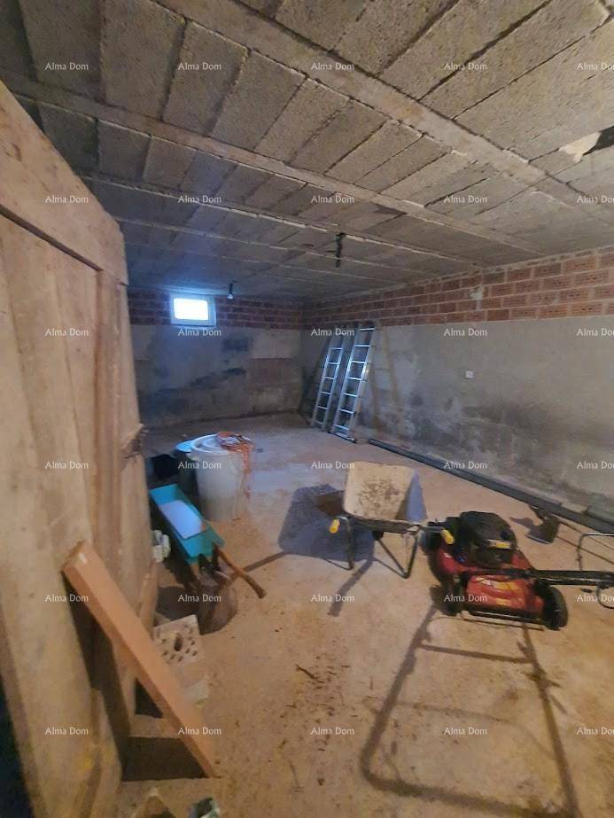 Unausgebauter Kellerraum mit Betonwänden, Werkzeugen und Gartengeräten.