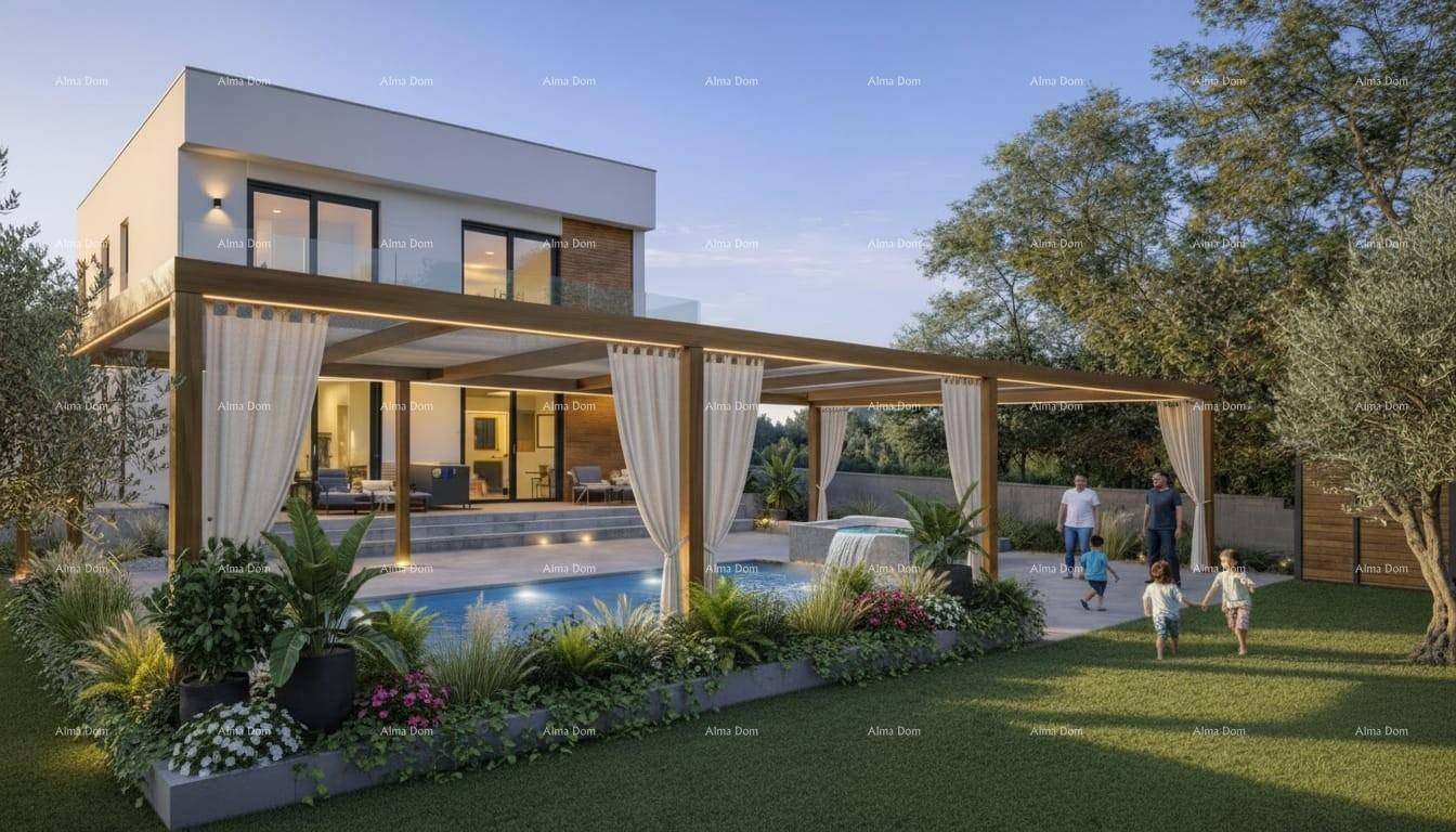 Eine Visualisierung zeigt ein modernes Haus mit Pool, üppigem Garten und großer Pergola mit Vorhängen.
