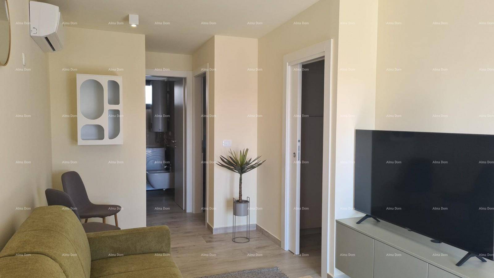 Wohnzimmer mit Sofa, Fernseher und Blick auf den Flur, der zum Badezimmer führt.