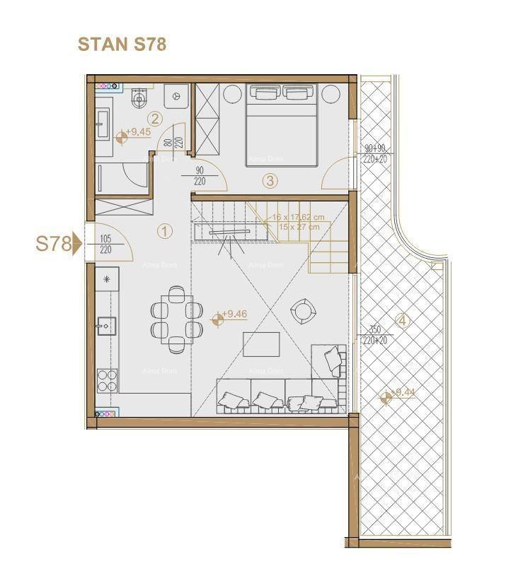 Grundriss der Wohnung S78 mit offenem Wohnbereich, Schlafzimmer und Loggia.