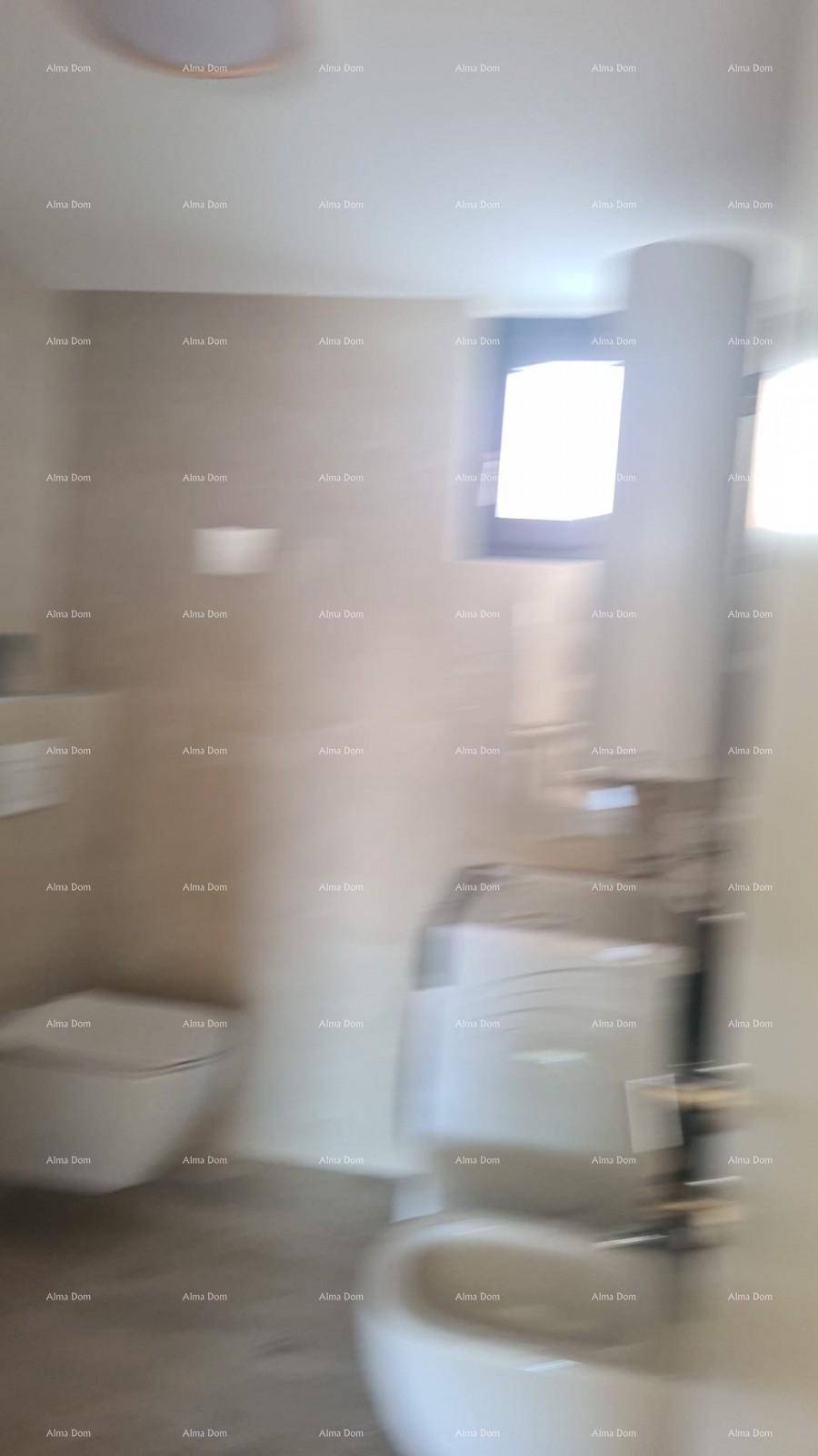 Modernes Badezimmer mit Toilette, Bidet und Fenster, jedoch unscharf dargestellt.